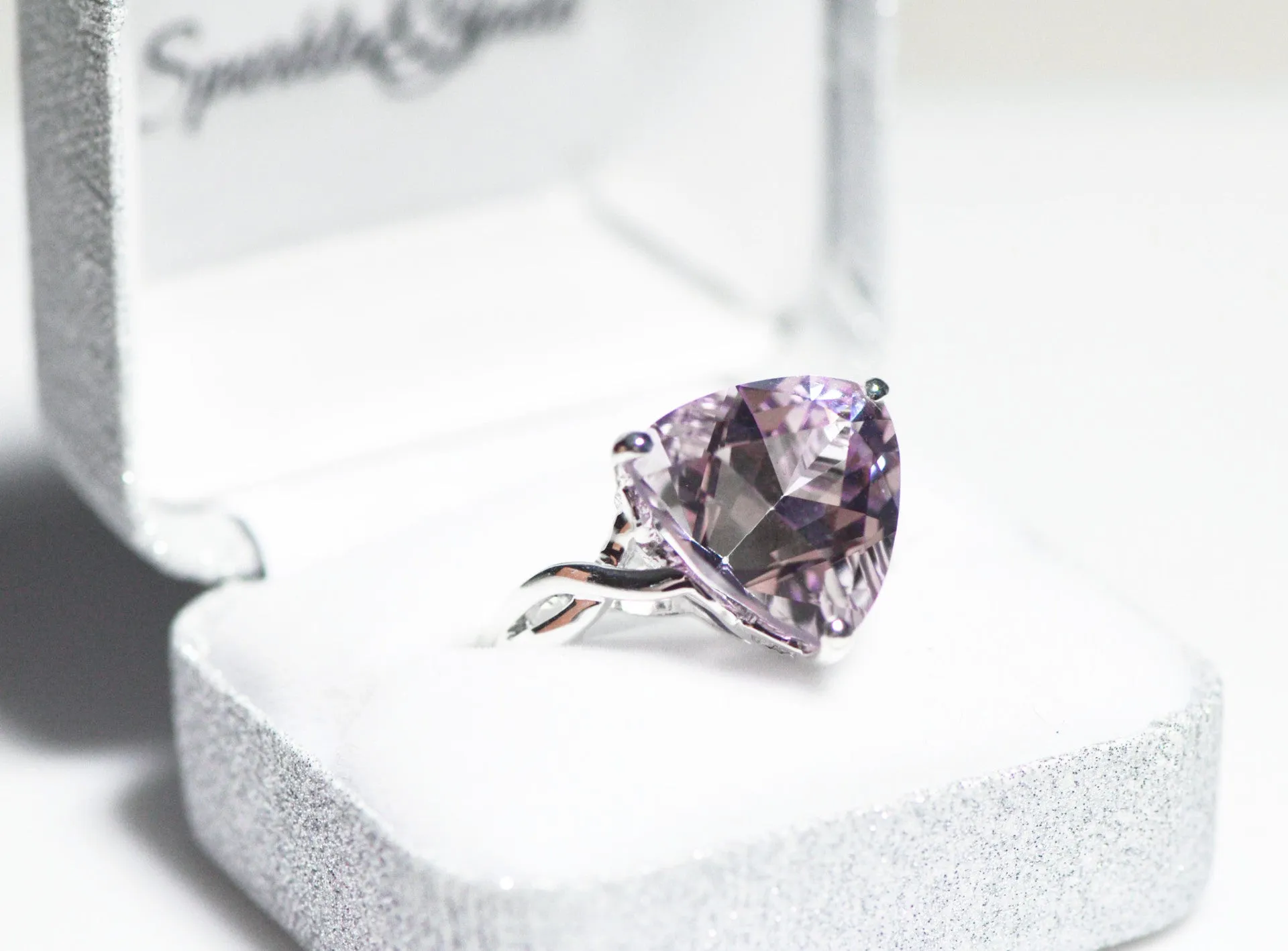 Sterling Silver 14mm Rose De France Amethyst Quartz Trillion Ring