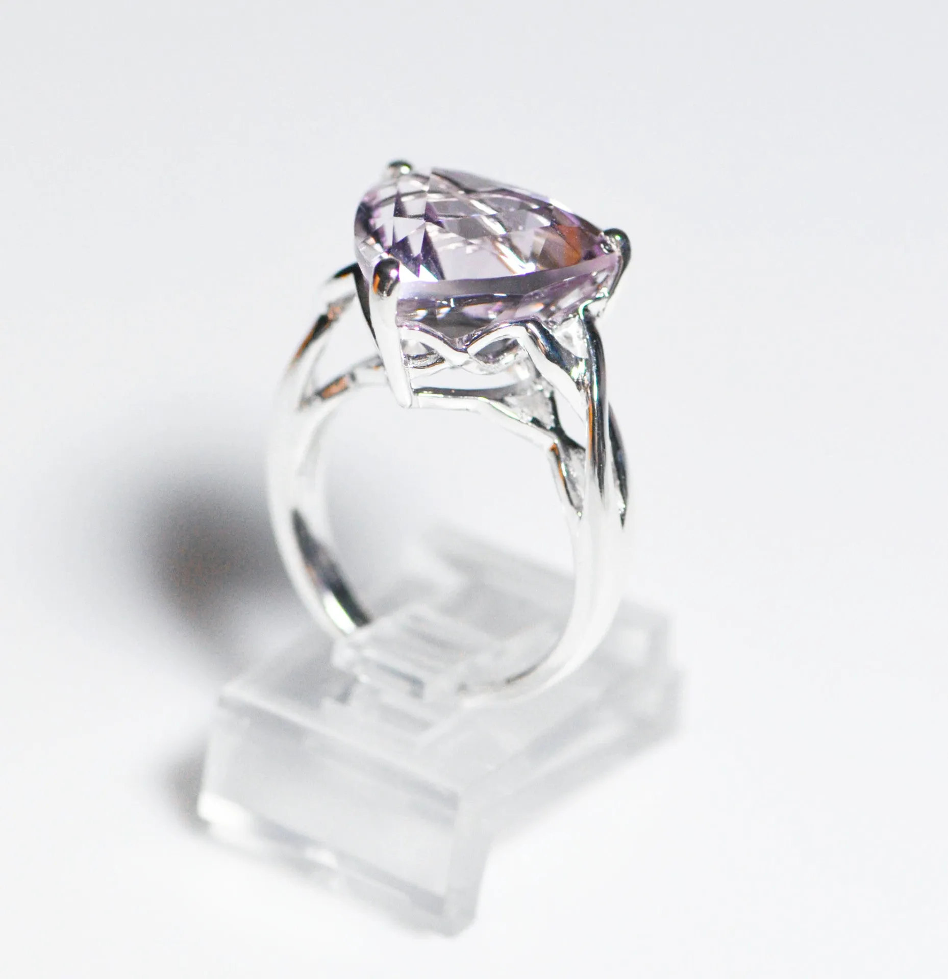 Sterling Silver 14mm Rose De France Amethyst Quartz Trillion Ring