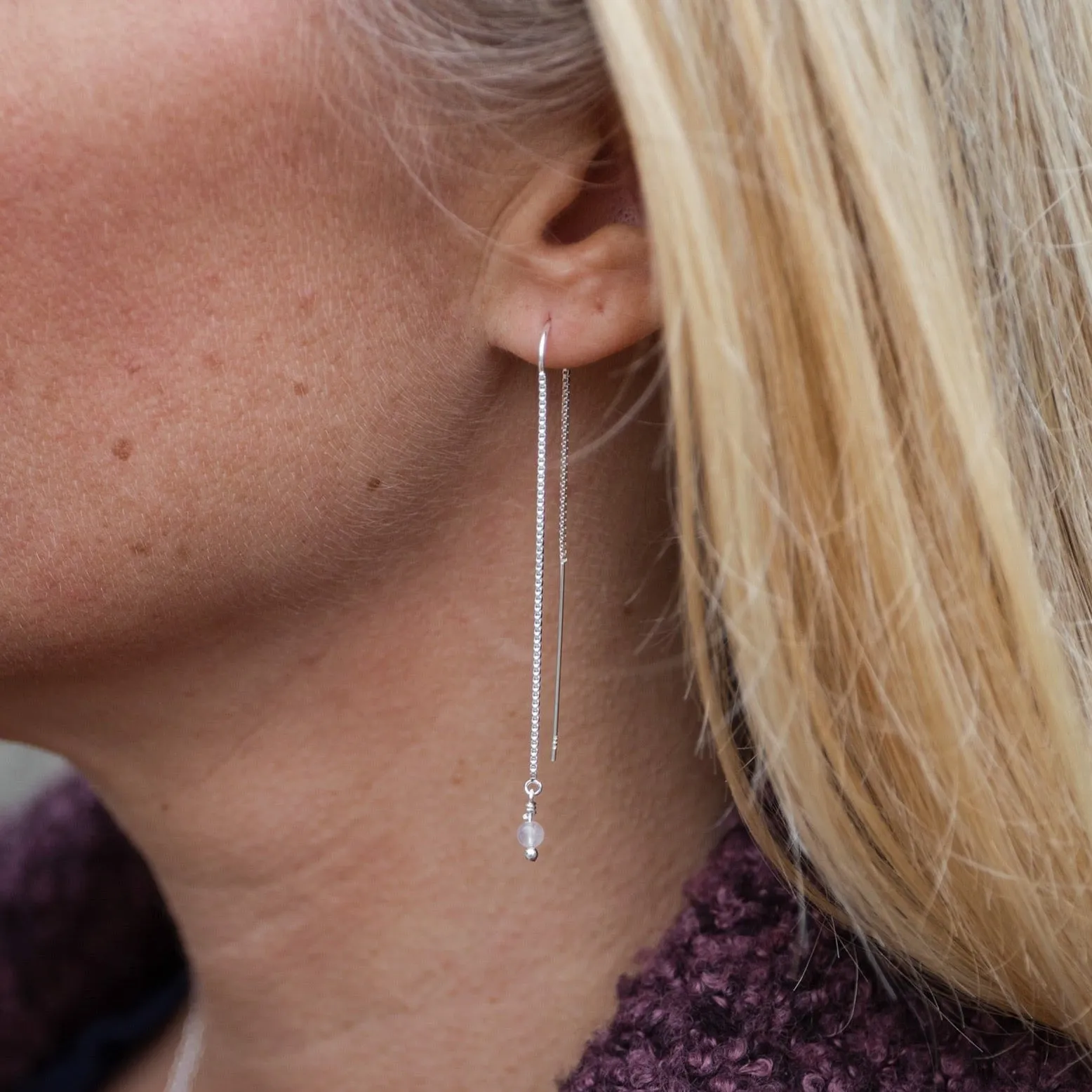 Sterling Silver Threader Earrings with Rose Quartz Beads