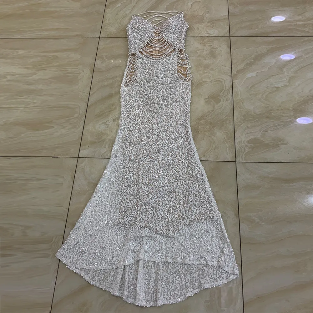 Strapless Sleeveless Pearl Chain Maxi Bodycon Dress HT951