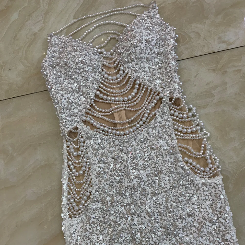 Strapless Sleeveless Pearl Chain Maxi Bodycon Dress HT951
