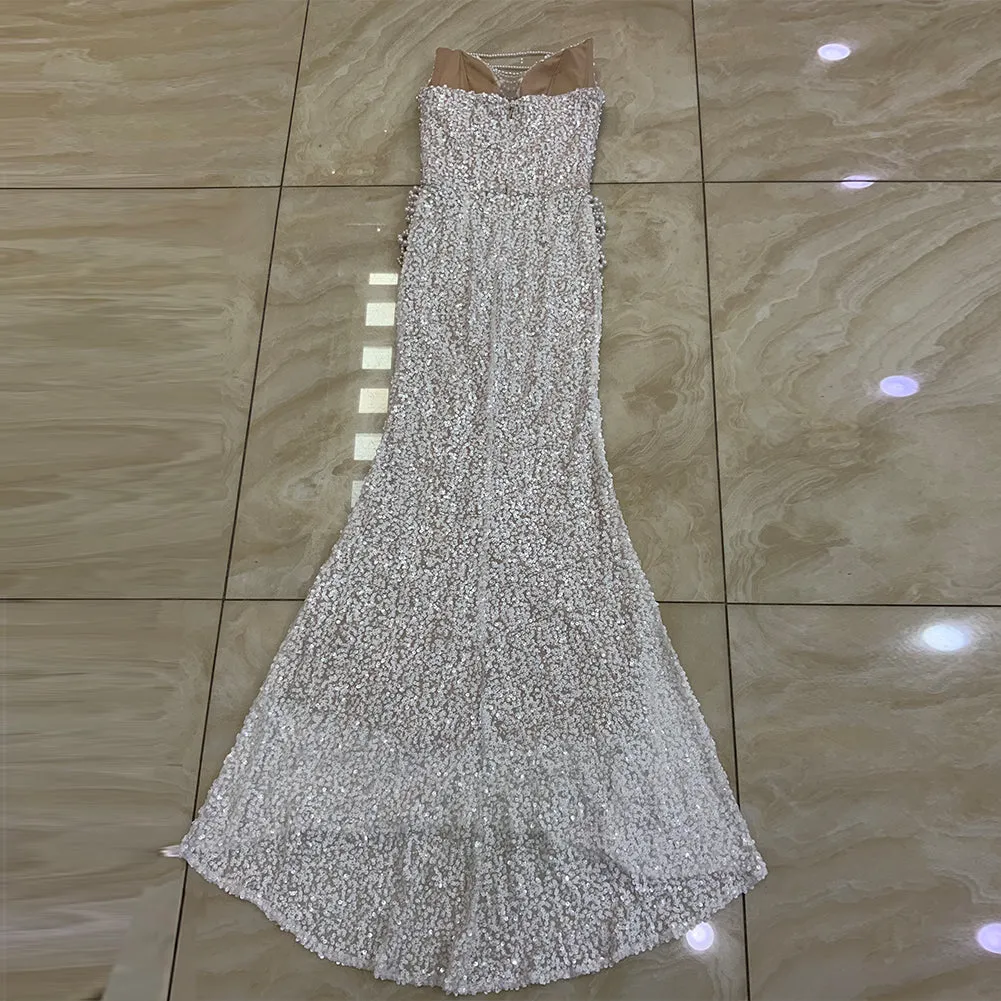 Strapless Sleeveless Pearl Chain Maxi Bodycon Dress HT951