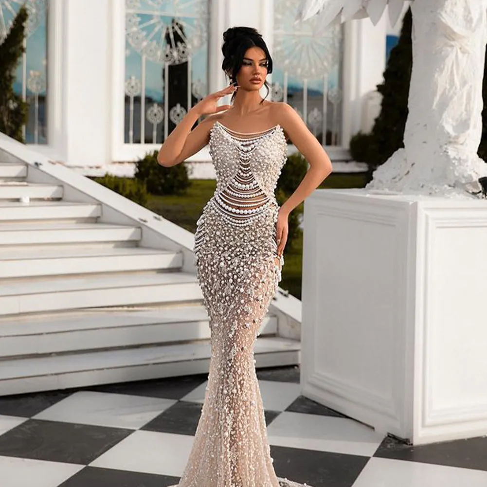 Strapless Sleeveless Pearl Chain Maxi Bodycon Dress HT951
