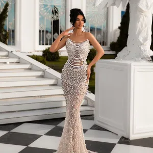 Strapless Sleeveless Pearl Chain Maxi Bodycon Dress HT951