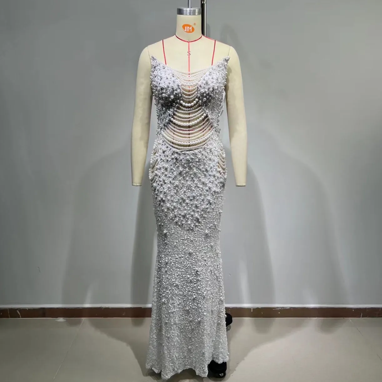 Strapless Sleeveless Pearl Chain Maxi Bodycon Dress HT951