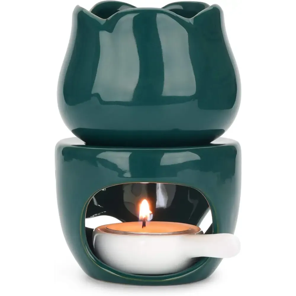 Turquoise Glazed Ceramic Oil Burner with Cutout Design