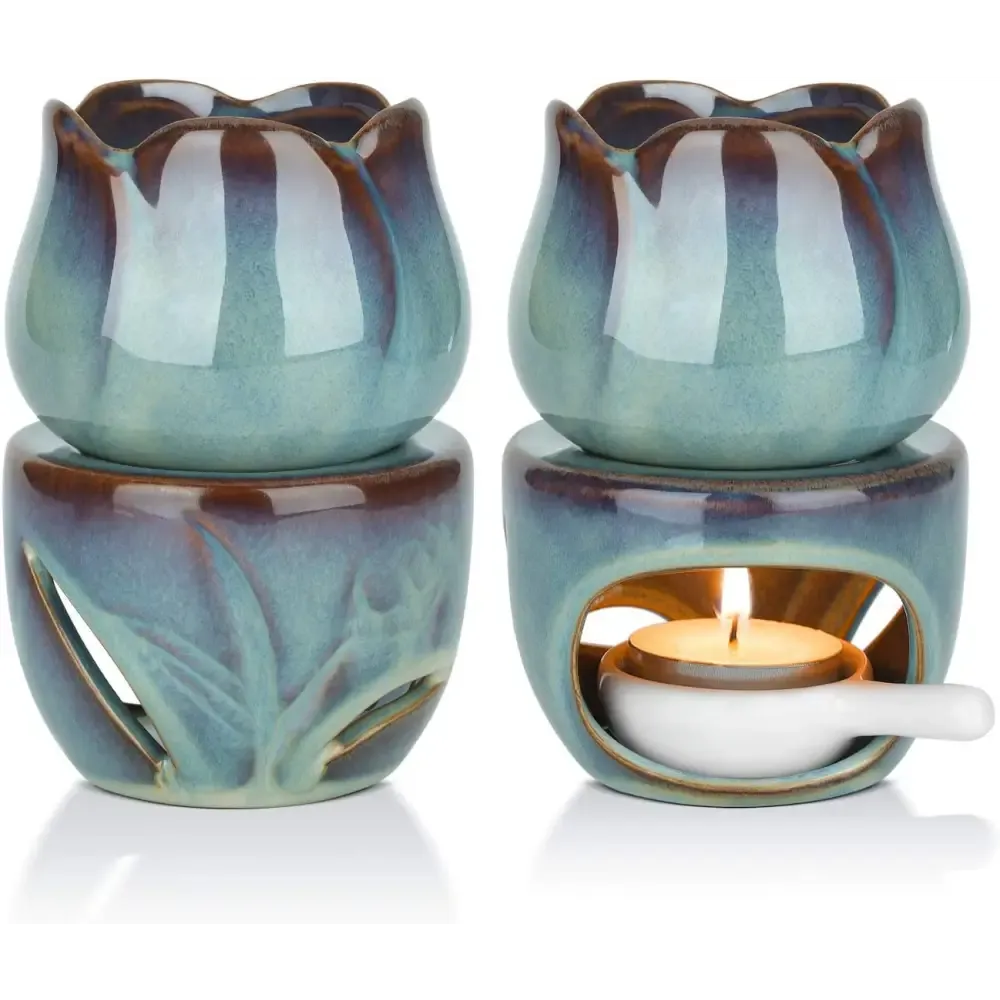 Turquoise Glazed Ceramic Oil Burner with Cutout Design