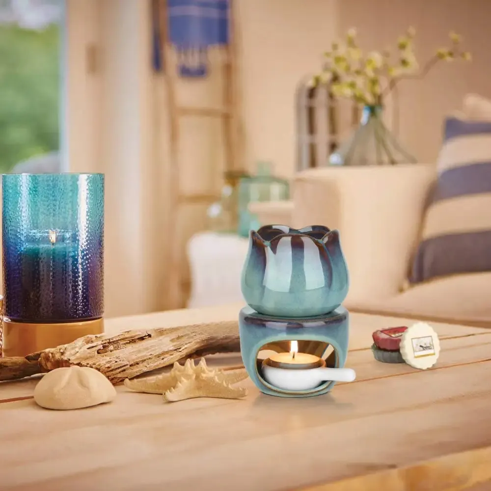 Turquoise Glazed Ceramic Oil Burner with Cutout Design
