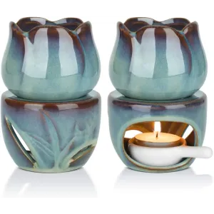 Turquoise Glazed Ceramic Oil Burner with Cutout Design