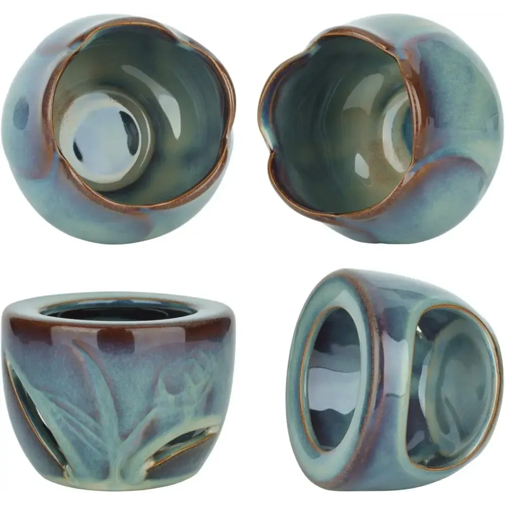 Turquoise Glazed Ceramic Oil Burner with Cutout Design