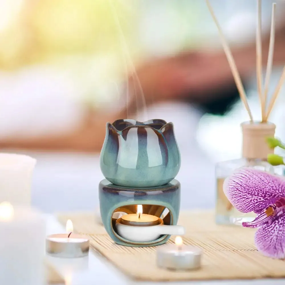 Turquoise Glazed Ceramic Oil Burner with Cutout Design