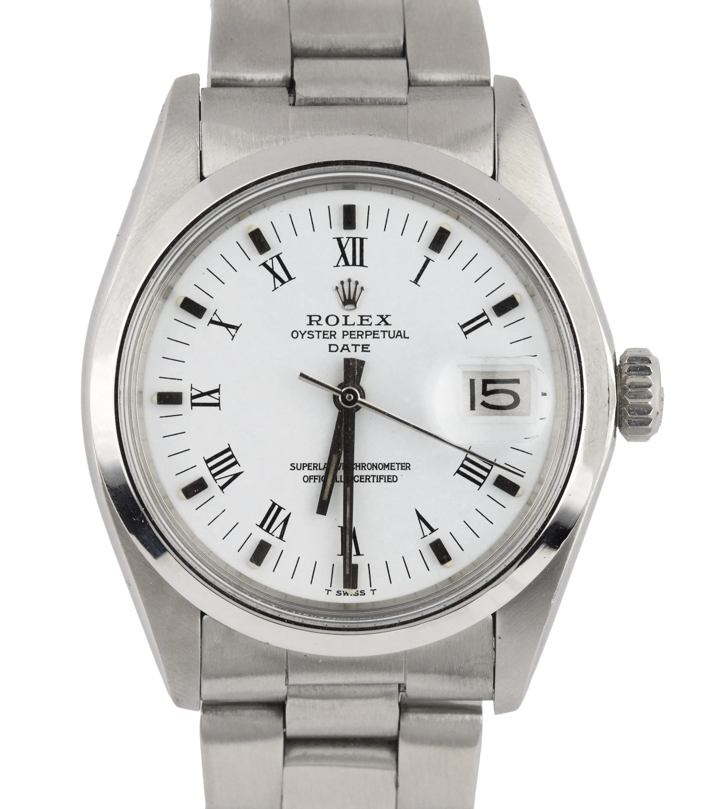 Vintage 1974 Rolex Date 1500 34mm White Roman Numeral Stainless Watch DateJust
