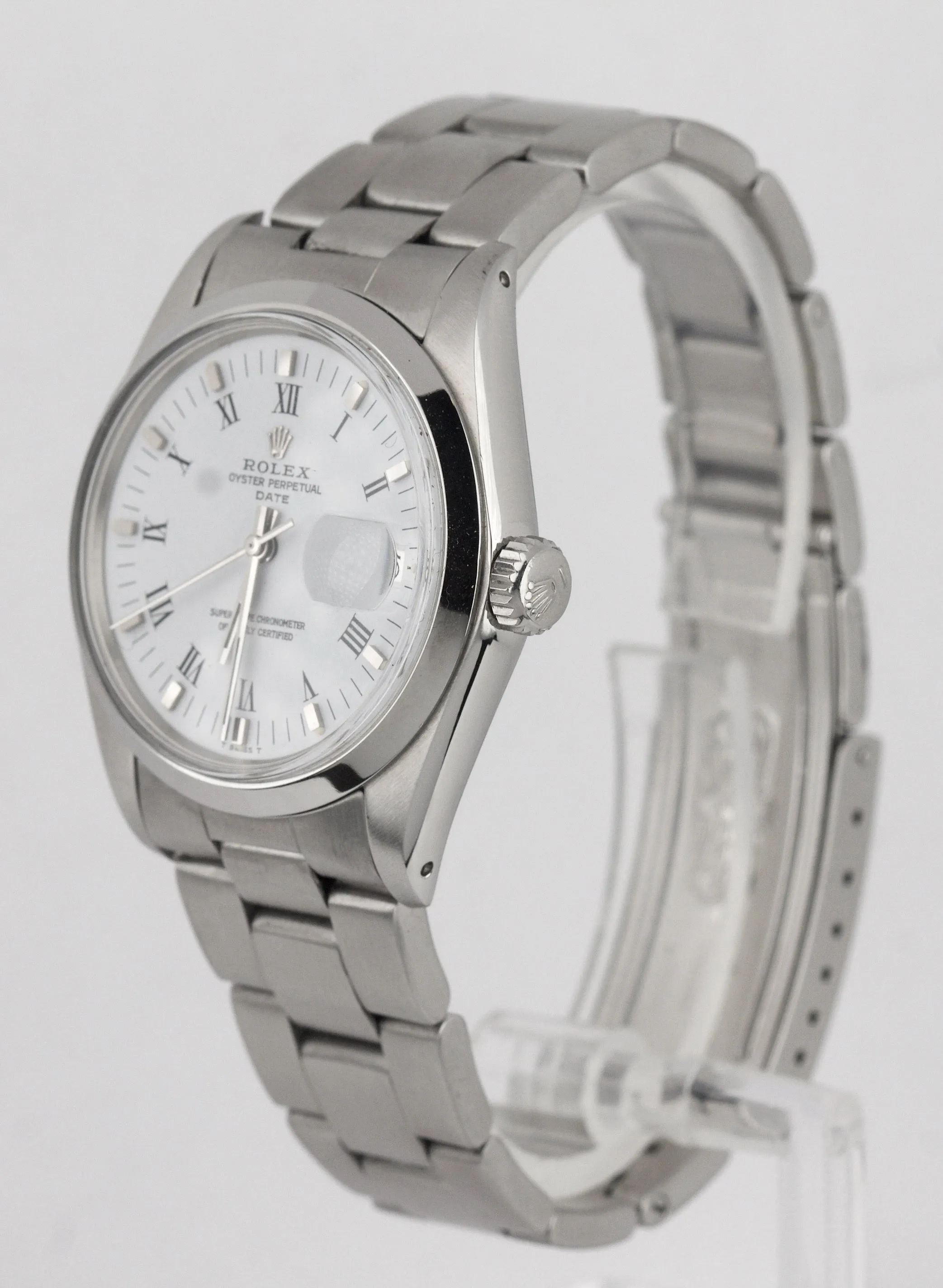 Vintage 1974 Rolex Date 1500 34mm White Roman Numeral Stainless Watch DateJust