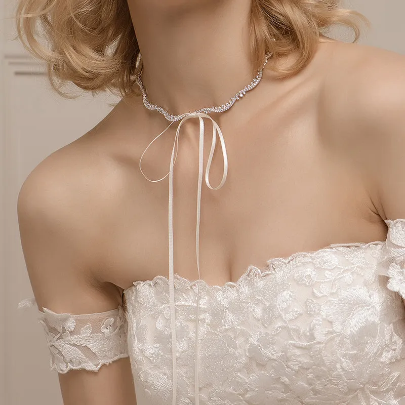Wedding Bowknot Lace Silver Ribbon Tie Choker