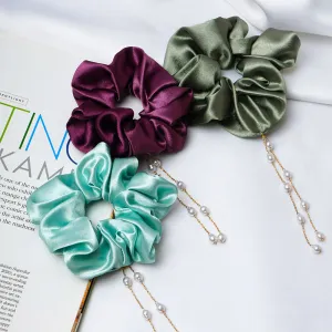 Wine Pearl Dangling Scrunchie Set of 3