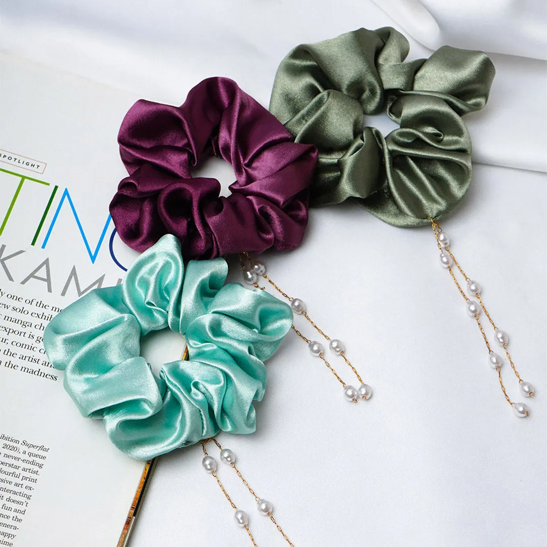 Wine Pearl Dangling Scrunchie Set of 3